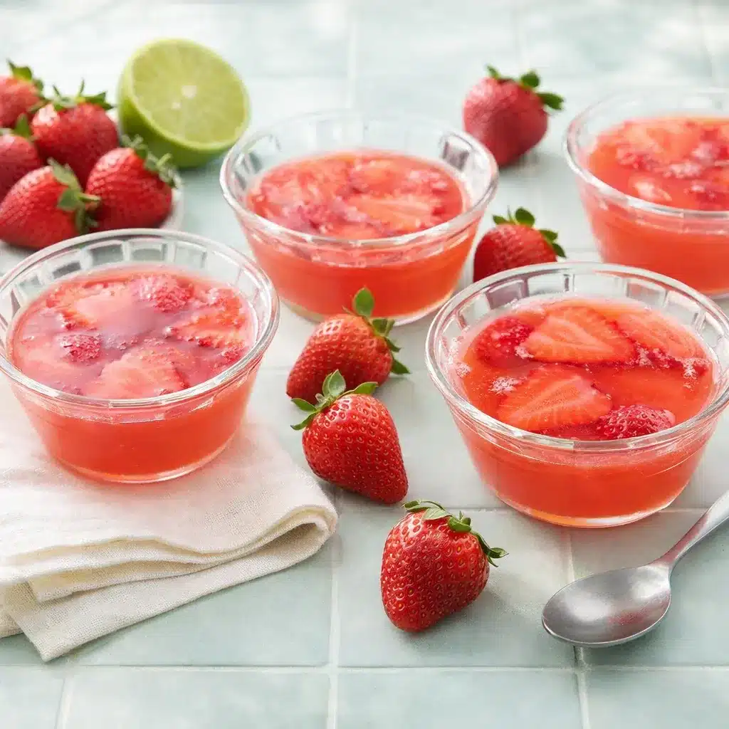 Strawberry Gelatin with Fresh Strawberries, Lime, and Honey 19 Strawberry Gelatin cups in glass bowls with fresh strawberries and lime on a bright surface