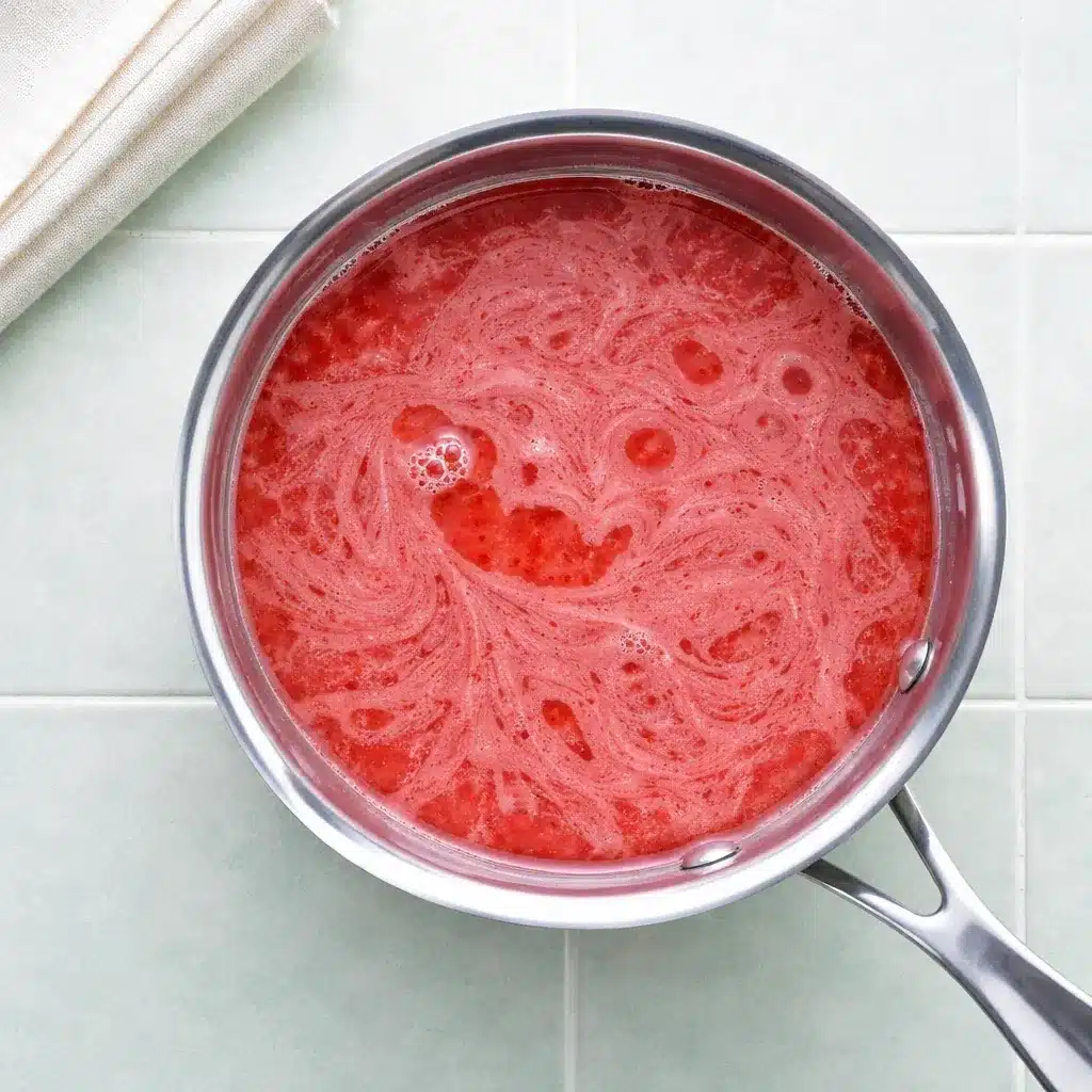 Strawberry Gelatin with Fresh Strawberries, Lime, and Honey 14 Strawberry Gelatin mixture heating in a saucepan before whisking in gelatin