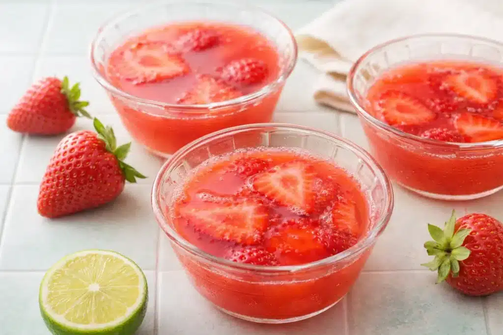 Strawberry Gelatin with Fresh Strawberries, Lime, and Honey 11 Strawberry Gelatin in glass bowls with sliced strawberries and lime on a bright surface