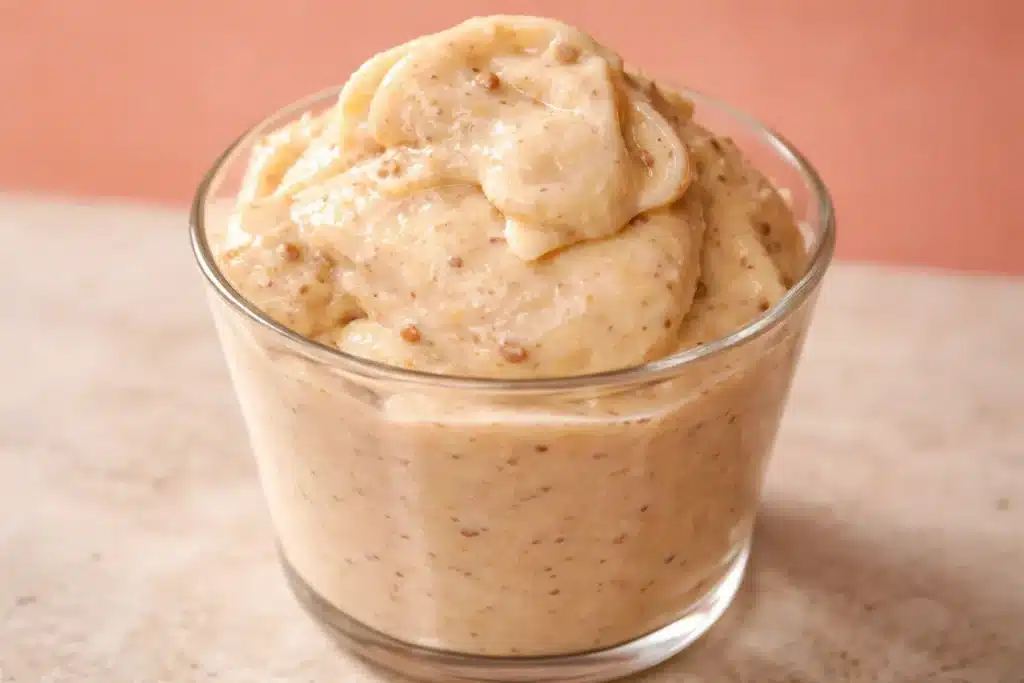 Budwig Cream Recipe That Turns Flax and Fruit Into a Creamy Breakfast 6 Budwig cream in a glass cup, thick and glossy with ground flaxseed speckles, topped in soft swirls.