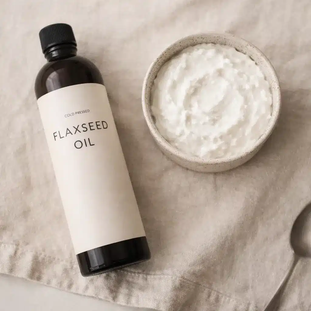 Budwig recipe ingredients with cold pressed flaxseed oil and cottage cheese on a neutral surface