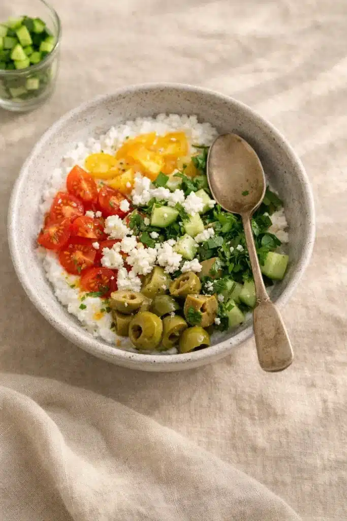 Budwig recipe savory bowl with creamy base, tomatoes, olives, herbs, and crumbled cheese