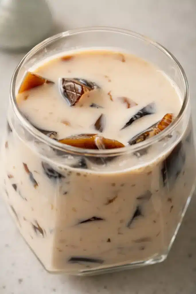 Coffee Jelly Drink Recipe 11 Coffee Jelly Drink recipe close up with creamy vanilla milk and big coffee jelly pieces