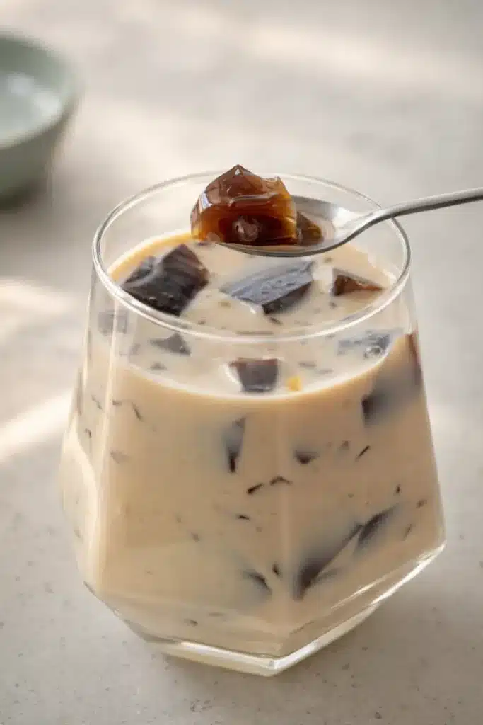 Coffee Jelly Drink Recipe 12 Coffee Jelly Drink recipe in a faceted glass with creamy vanilla milk and coffee jelly cubes