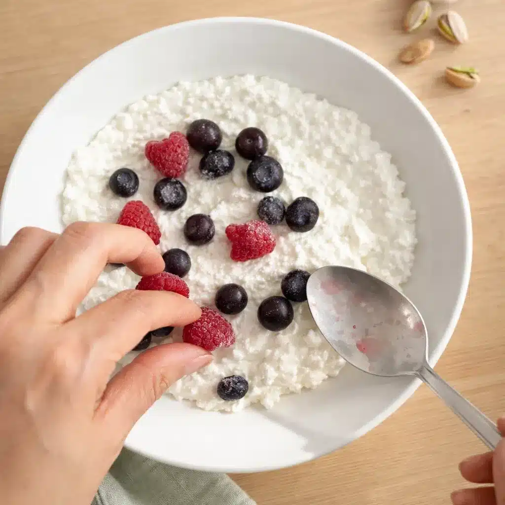 Cottage Cheese Breakfast Bowl for a 5 Minute High Protein Breakfast 12 Cottage Cheese Breakfast Bowl topped with raspberries and blueberries on a creamy cottage cheese base