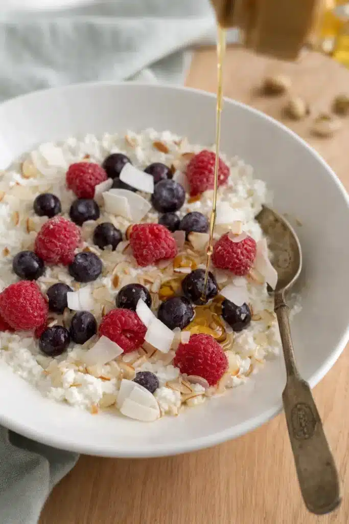 Cottage Cheese Breakfast Bowl for a 5 Minute High Protein Breakfast 13 Cottage Cheese Breakfast Bowl with berries, almonds, coconut, and a honey drizzle in a white bowl