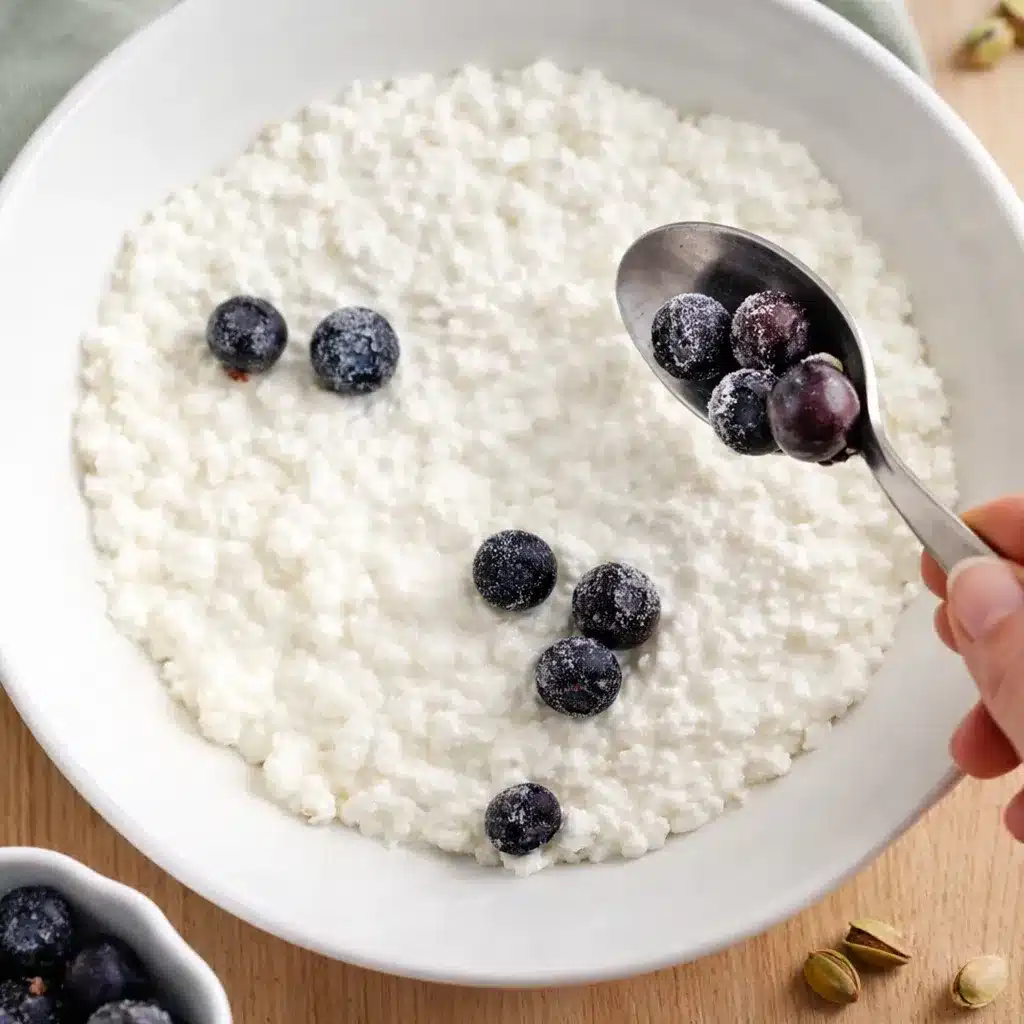Cottage Cheese Breakfast Bowl for a 5 Minute High Protein Breakfast 11 Cottage Cheese Breakfast Bowl with blueberries being added on top of the cottage cheese base