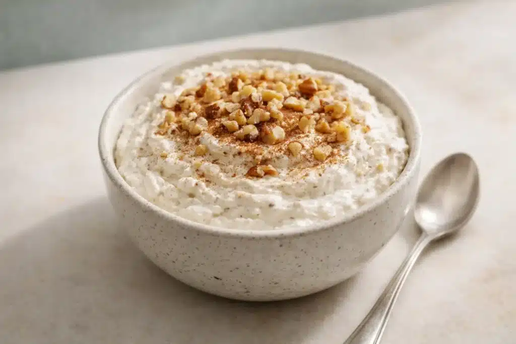 Budwig recipe cottage cheese bowl topped with cinnamon and chopped nuts in a ceramic ramekin