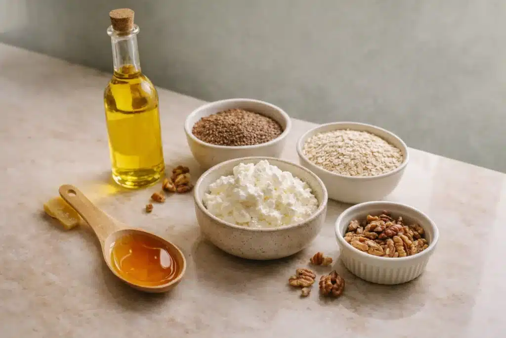Budwig recipe cottage cheese ingredients with flaxseed oil, cottage cheese, oats, honey, and walnuts