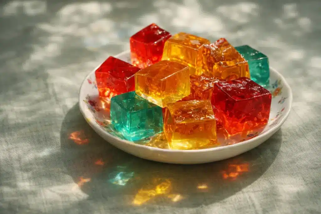 Jillian Michaels Gelatin Trick Recipe: The Real Gelatin Trick for Weight Loss 6 Colorful gelatin cubes in a dish, jelly burn gummies style for Jillian Michaels Gelatin Trick Recipe