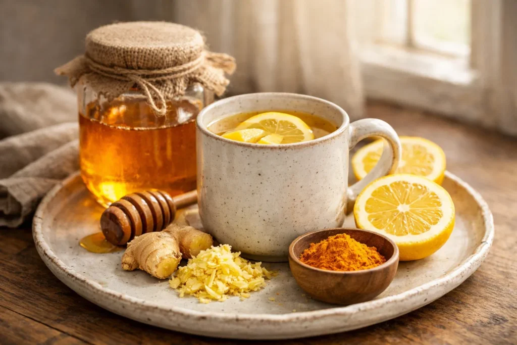 Honey trick recipe ingredients with lemon ginger and raw honey