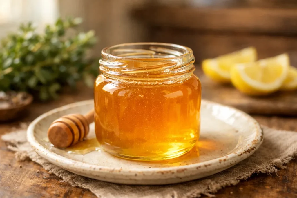 Honey trick recipe with raw honey in glass jar on wooden surface