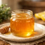 Honey trick recipe with raw honey in glass jar on wooden surface