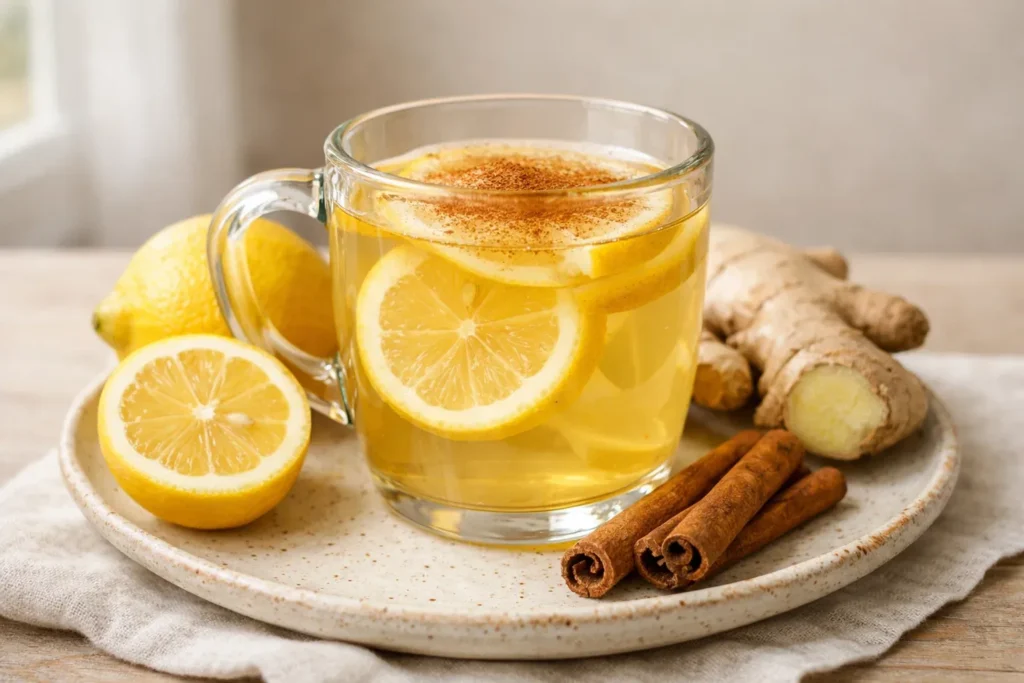 Honey trick recipe warm drink with lemon and cinnamon in glass mug