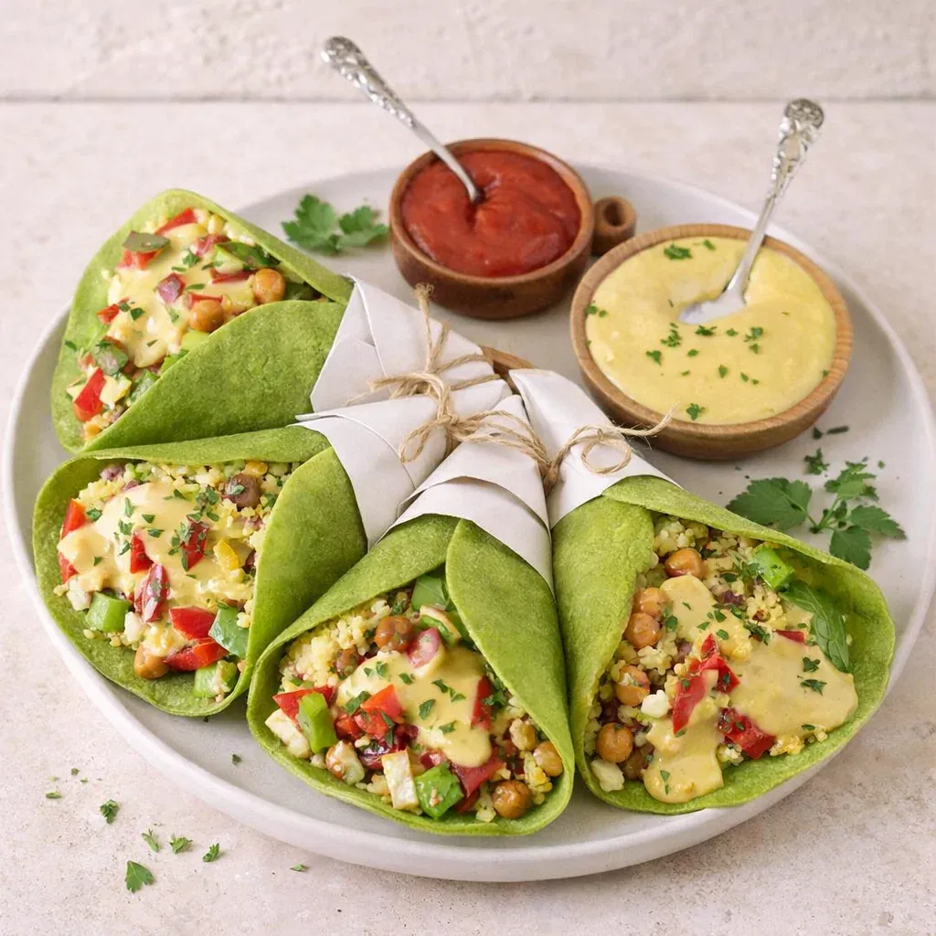 Spinach Tortillas Recipe with Easy Gluten Free Wraps 9 Spinach Tortillas filled with colorful veggies and sauce on a serving board