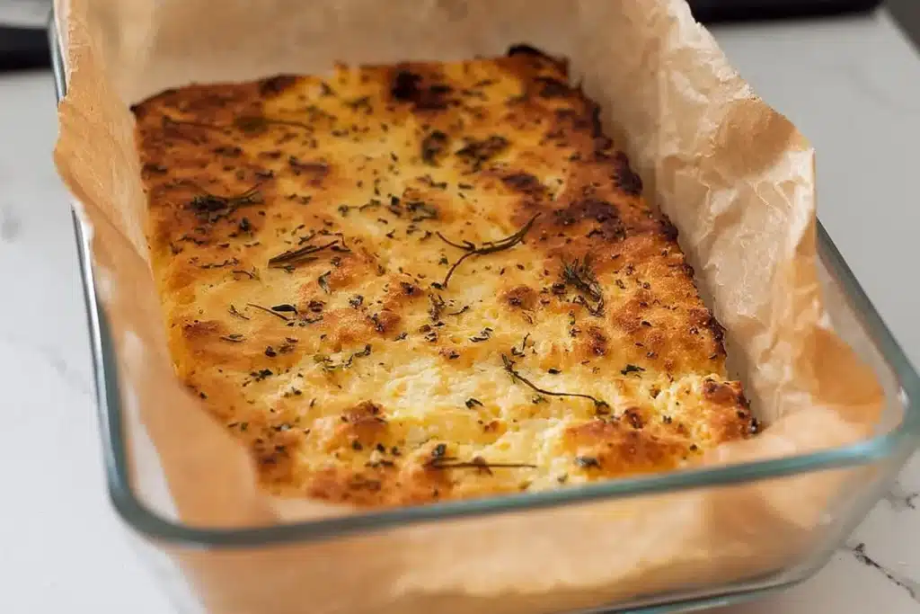 Cottage cheese wraps baking in glass dish with golden top