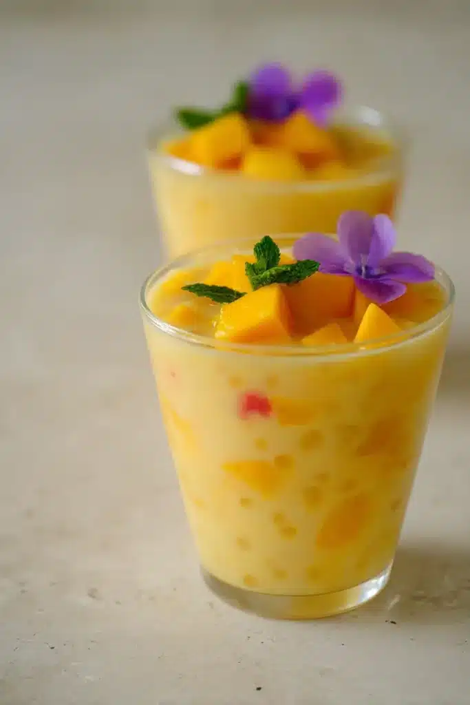 Creamy mango sago pudding dessert with tapioca pearls and fresh mango topping