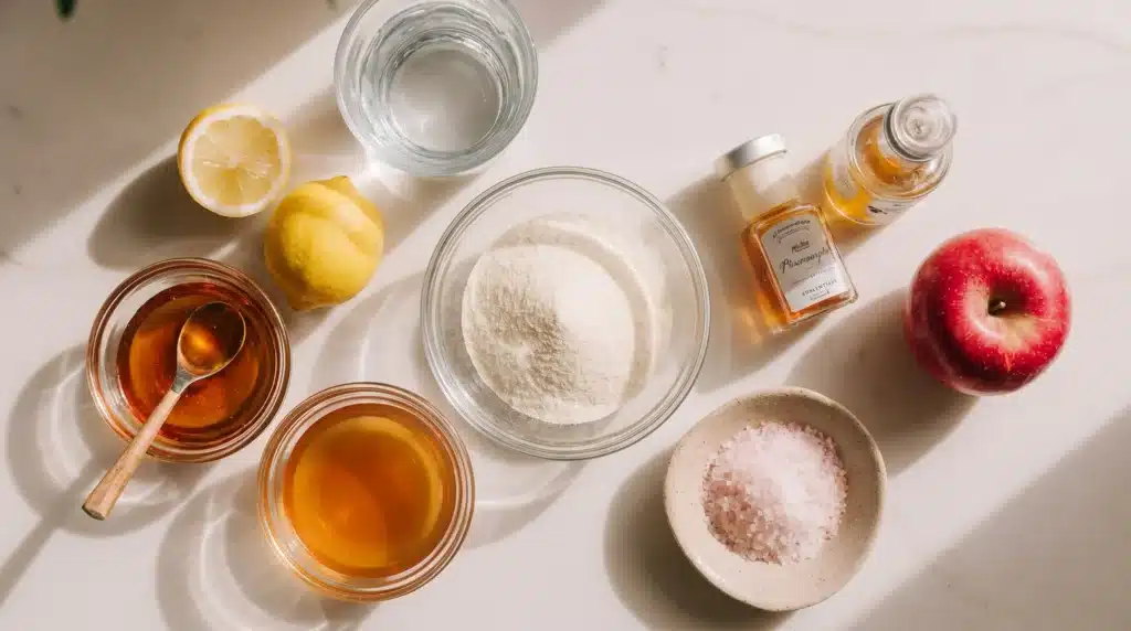 Ingredients used to make the Dr Gupta gelatin recipe including gelatin powder water lemon honey and salt
