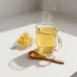 Warm Dr Gupta gelatin drink with lemon slice served beside homemade gelatin cubes
