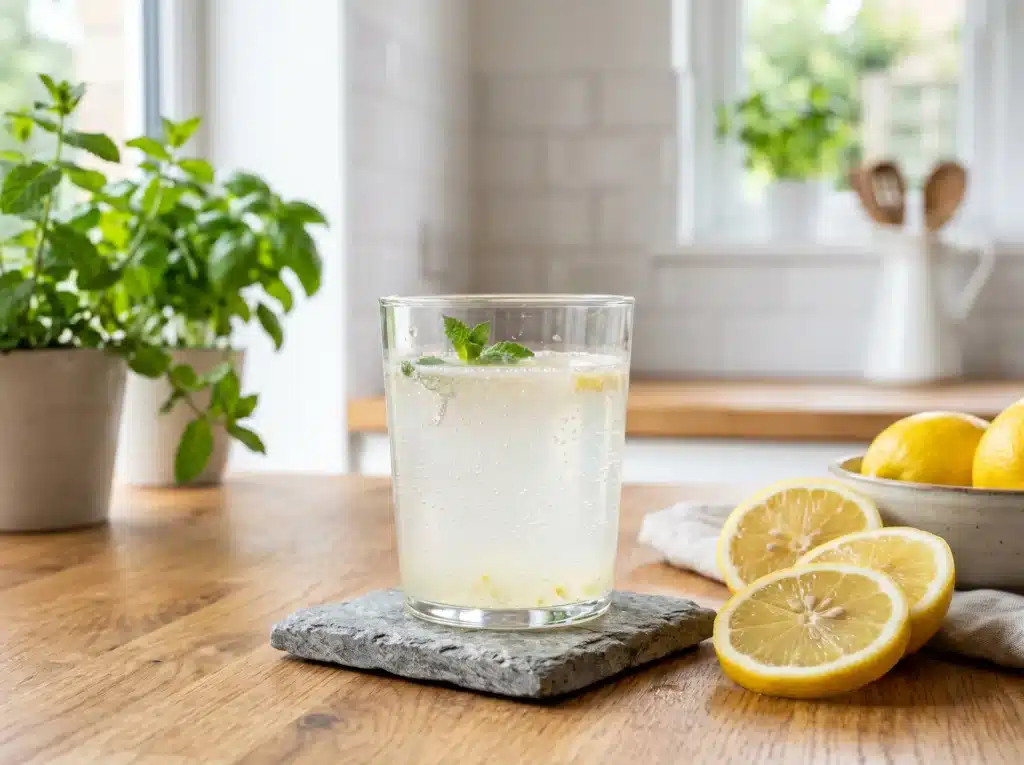 Lemon baking soda drink for weight loss with fresh lemon and mint