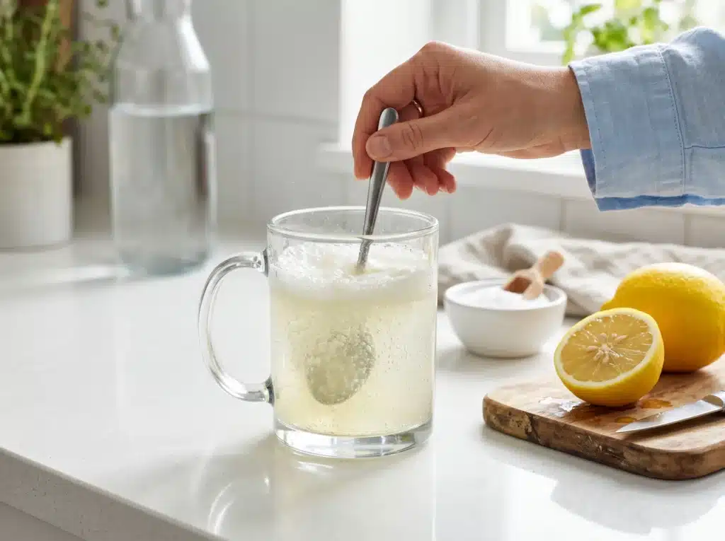 Mixing baking soda and lemon juice in a glass mug