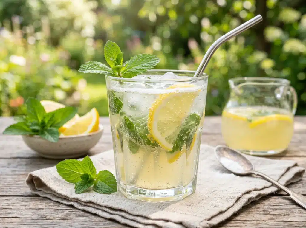 Refreshing lemon mint baking soda drink with ice