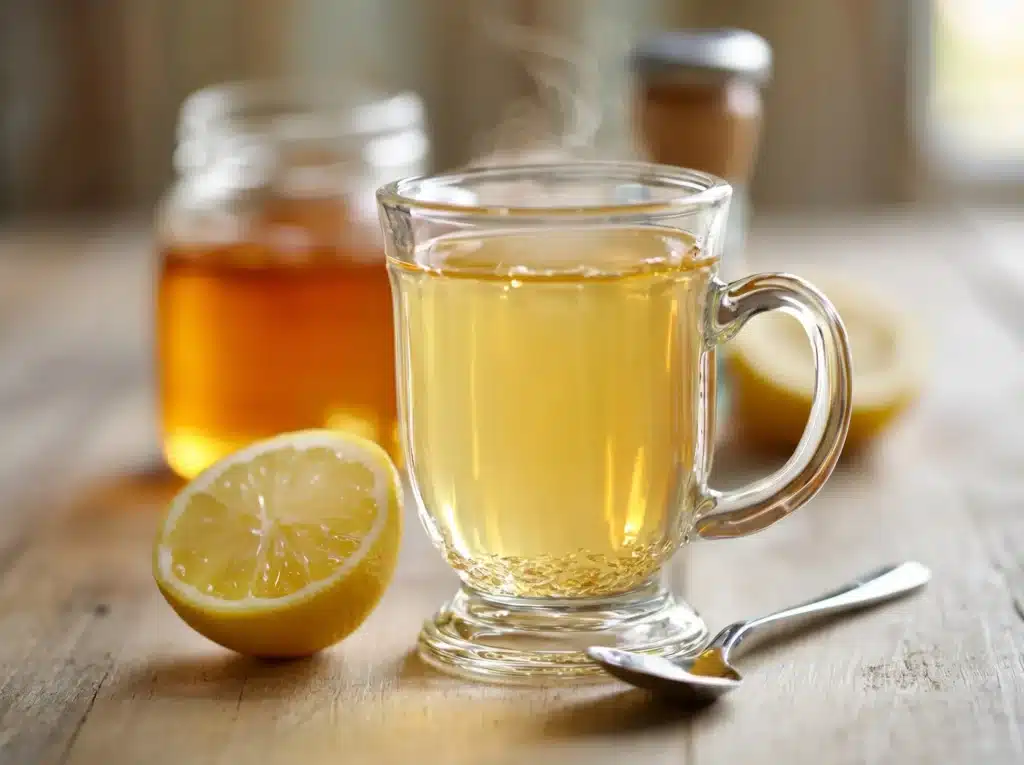 Warm Dr Gupta gelatin recipe served in a glass mug with lemon