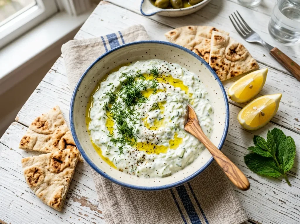 Creamy homemade tzatziki served with pita bread, olive oil, and fresh herbs.