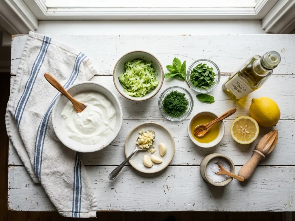 Ingredients for homemade tzatziki including Greek yogurt, cucumber, dill, mint, lemon, garlic, olive oil, and salt.