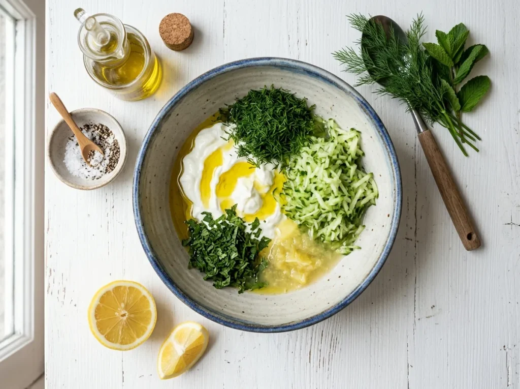 Greek yogurt, grated cucumber, dill, mint, and olive oil ready to be mixed into tzatziki.